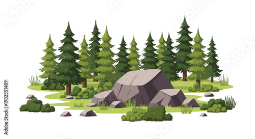 A vibrant forest clearing features a cluster of tall evergreen pine trees surrounding several large grey boulders on a lush green grassy landscape.