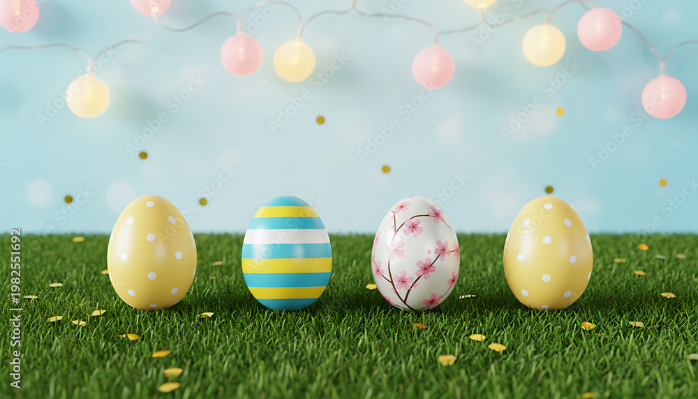 Fototapeta premium Easter eggs on grass under colorful lights festive and cheerful. Easter / Spring Holiday Celebration