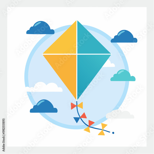 Colorful kite flying high in a bright blue sky surrounded by fluffy white clouds