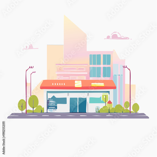 Flat cartoon illustration of a modern convenience store with trees and lampposts on a sunny day