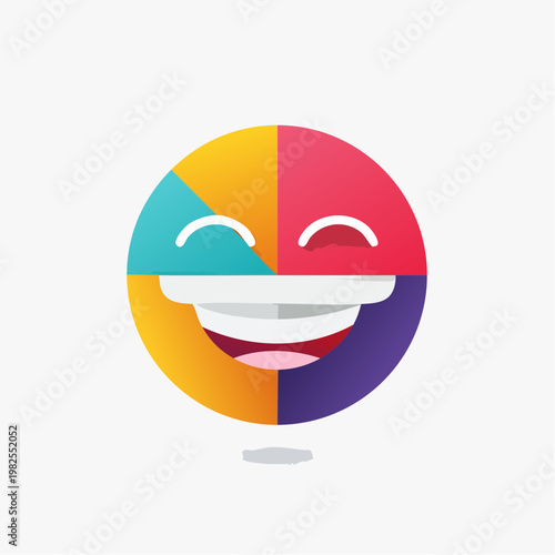Vibrant abstract illustration of a cheerful, smiling face icon with a multi-colored quadrant design, representing joy and positivity