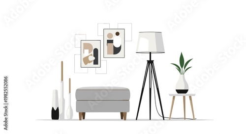 A minimalist living room arrangement features a plush grey ottoman positioned neatly beside a sleek black tripod floor lamp and various tall ceramic vases in soft daylight.