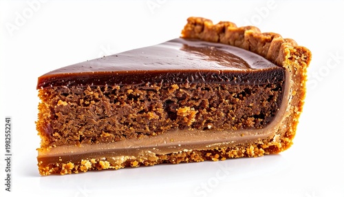 slice of rich dark chocolate baked cake on white background