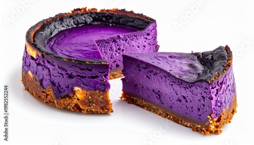 slice of baked purple sweet potato cheesecake on white background