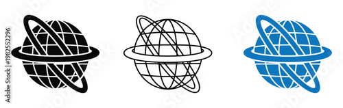 Line art vector globe icon set showing distinct black globe designs with tilted orbit ring, dense grid sphere, thick filled globe and varied stroke weight. 