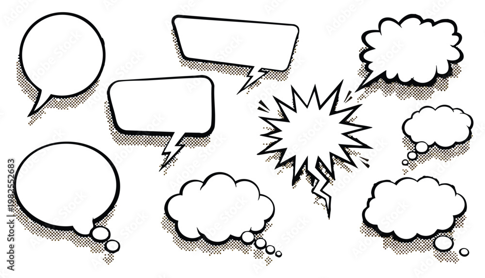Obraz premium Retro empty comic speech bubbles set with black halftone shadows. Vintage design, pop art style - stock vector. 