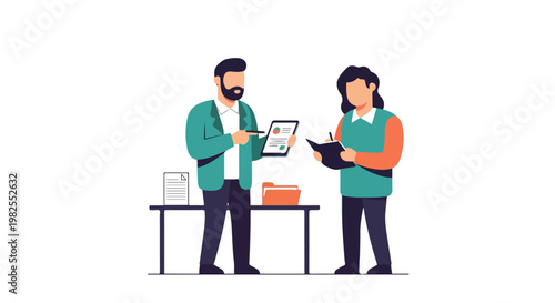 Two professional colleagues discuss data on a tablet while one takes notes during a collaborative business meeting in a modern office environment.