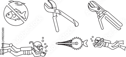 Underwater tools and diver icons for marine conservation and exploration on white background