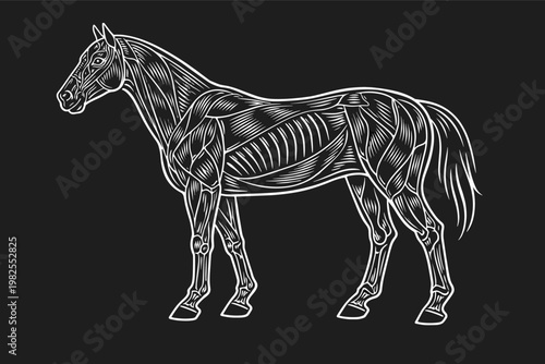 Anatomical Illustration of Horse Muscular System in Profile View, Detailed White Line Art on Black Background Showing Equine Muscle Structure, Tendons, and Anatomy for Veterinary Study and Biology