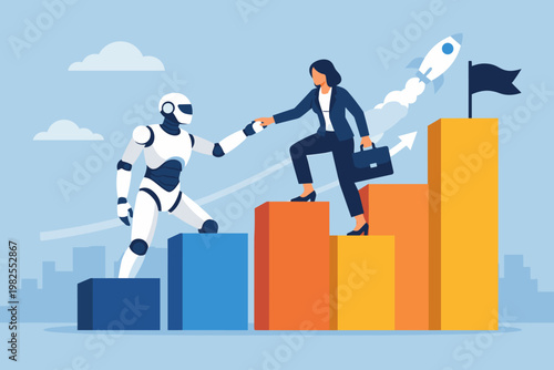 Artificial Intelligence Robot Helping a Businesswoman Climb a Bar Chart Ladder of Success, Concept of AI Partnership in Business Growth, Career Advancement, and Technological Innovation in Office