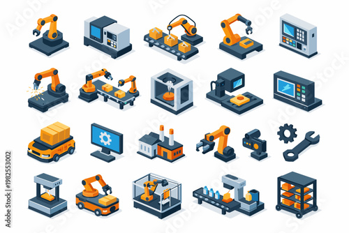 Industrial Automation Technology and Manufacturing Equipment Isometric Icons Set with Robotic Arms, Conveyor Belts, 3D Printers, CNC Machines, Factory Buildings, and Smart Production Solutions.