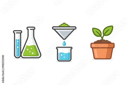 Set of biotechnology and science research icons featuring laboratory test tube, Erlenmeyer flask, funnel filtration process, and a young green plant in a pot. Flat vector illustration for lab.