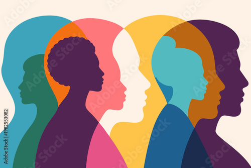 Diverse People Silhouettes in Overlapping Profiles, Modern Flat Vector Illustration Representing Inclusion, Unity, Multicultural Community, Equality, and Human Rights in Vibrant Colorful Design