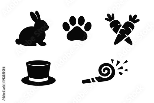 Black silhouette icon set for Easter and celebrations featuring a bunny rabbit, animal paw print, crossed carrots, magician top hat, and a party blower horn isolated on a white background.