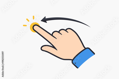 Swipe left hand gesture vector icon. Simple flat illustration of a finger touching a yellow point and sliding left with a curved arrow. UI UX design element for mobile apps and web interfaces.