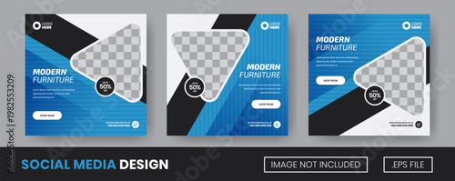 Creative Furniture Sale Template with Discount Promotion. Designed in Blue and Black Colors for Strong Visual Impact