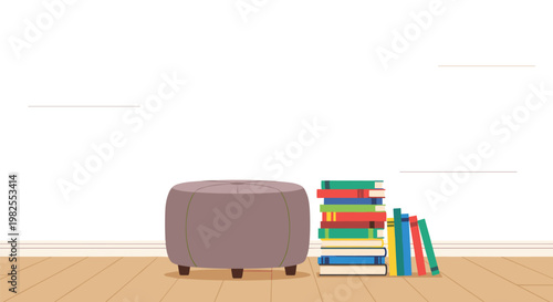 A plush purple ottoman rests peacefully on a polished wooden floor beside a vibrant stack of multi-colored hardcover books in a clean minimalist room.