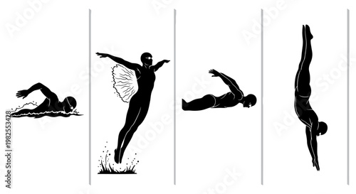 Diver in four stages of jump into water vector illustration black silhouettes on white background