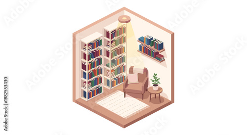 Inviting isometric library corner showcases tall white bookshelves filled with colorful volumes and a plush brown armchair lit by a warm glowing lamp.