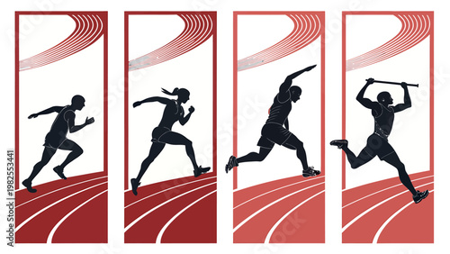 Athletes in motion on red running track with white lines and red curved lines background