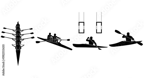 Kayaking and canoeing vector silhouettes with various paddling techniques and boat types on white background