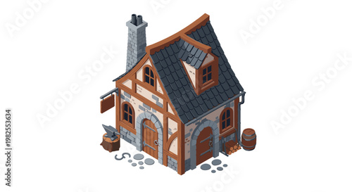 Charming isometric medieval blacksmith cottage features a sturdy stone chimney and wooden beams with an anvil resting on a stump outside the entrance.