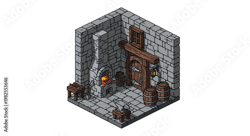 A detailed isometric medieval blacksmith forge features a glowing stone furnace and a heavy iron anvil surrounded by rustic wooden barrels and stone walls.