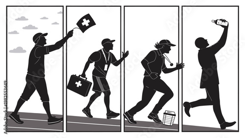 Four people running in sequence with medical aid kit and phone in hand on road