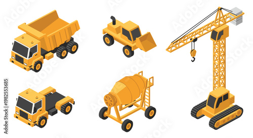 A group of vibrant yellow isometric construction vehicles including a towering crane and a cement mixer are positioned neatly against a pristine white background.
