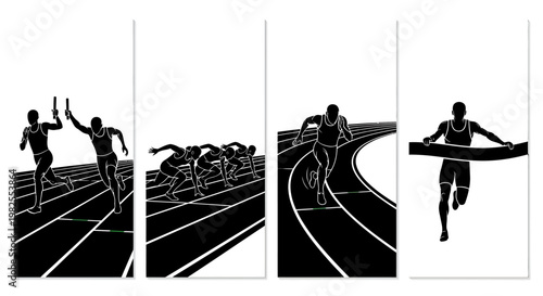 Athletes competing in various track and field events on a racing track