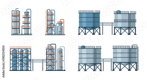 Meticulous flat vector illustration displays various industrial storage tanks and distillation columns connected by intricate piping on a white backdrop.
