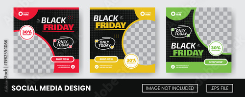Set of Collection 3 Simple Black Friday Template Post with Red, Yellow, Green Color