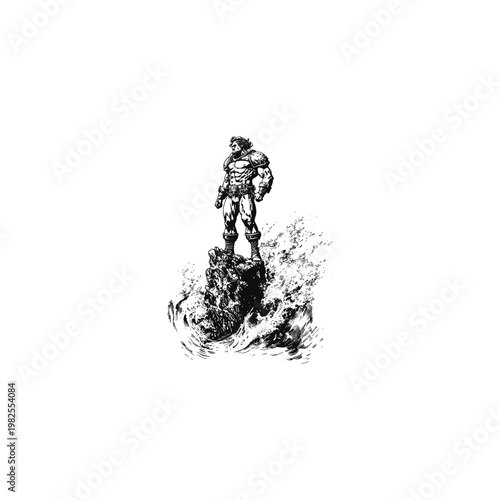 illustration of a muscular barbarian warrior in armor standing proudly on a rock surrounded by crashing ocean waves