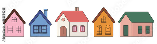 Cute cutout style houses vector illustration set, hand drawn simple village graphic elements, charming rural architecture icons perfect for children’s book illustrations