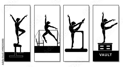 Female gymnasts performing acrobatic poses on various apparatus like vault balance beam and floor exercise in black