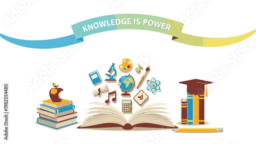 Flat lay of educational icons rising from an open book with graduation cap and books on a clean white background.