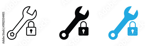 Wrenches paired with padlock icon. A set of icons featuring a wrench and lock combination in black and blue, symbolizing security and maintenance.