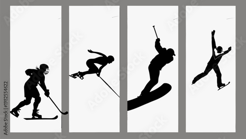 Winter sports silhouettes skiing and snowboarding actions athletes in motion four panel collage