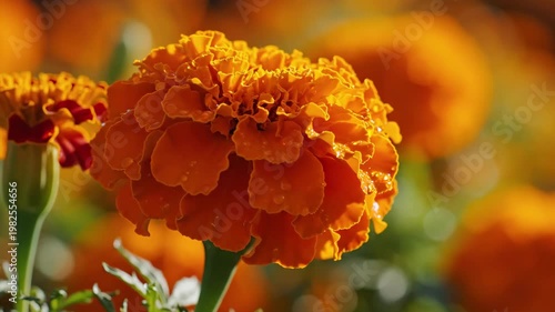 Close Up of Orange Marigold Flower Swaying in Sunny Garden 4K Video