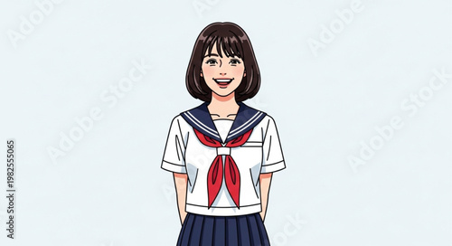 Smiling Japanese schoolgirl in uniform, standing and looking at the camera.
