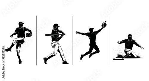 Baseball players in dynamic poses running throwing catching and sliding black silhouettes on white background