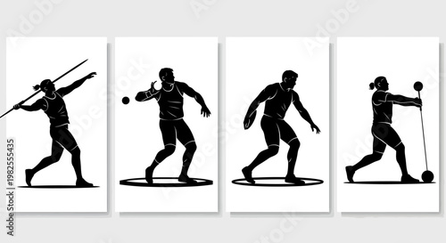 Athletic silhouettes of four track and field athletes in motion on white background