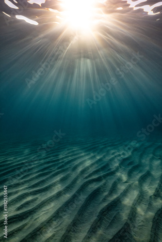 A dramatic sunburst through the ocean's surface lights up the textured sea floor