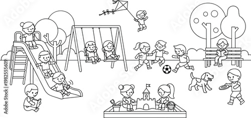Kids Playing in Playground Line Art Children Activities Park Scene Cartoon Vector Illustration Design
