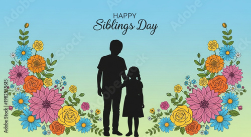 Siblings Day silhouette of brother and sister with colorful flowers
