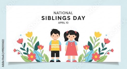 National Siblings Day flat design illustration with happy boy and girl