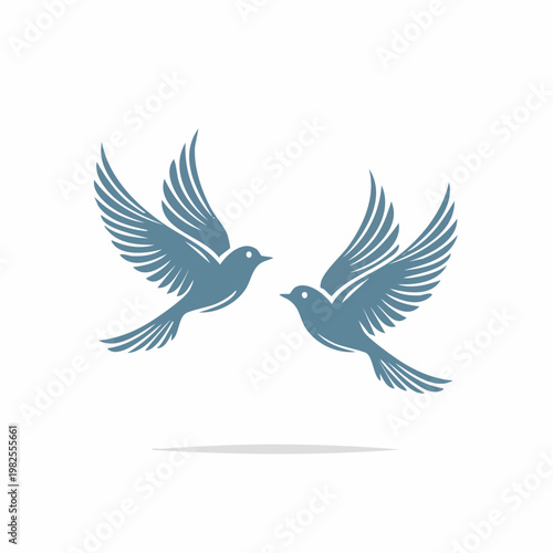 Two elegant blue birds gracefully soaring in flight against a white background