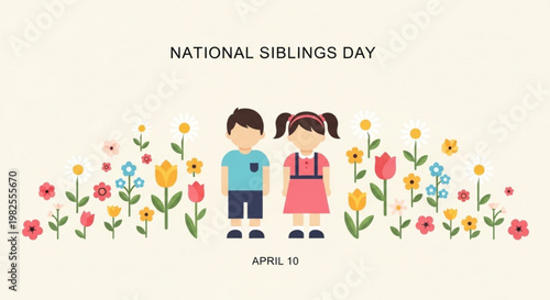 National Siblings Day illustration with young boy and girl in flowers