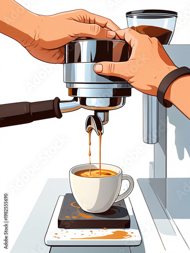 Hands pouring freshly brewed coffee from an espresso machine into a cup