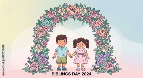 Siblings Day 2024 greeting card with kids under rose flower archway